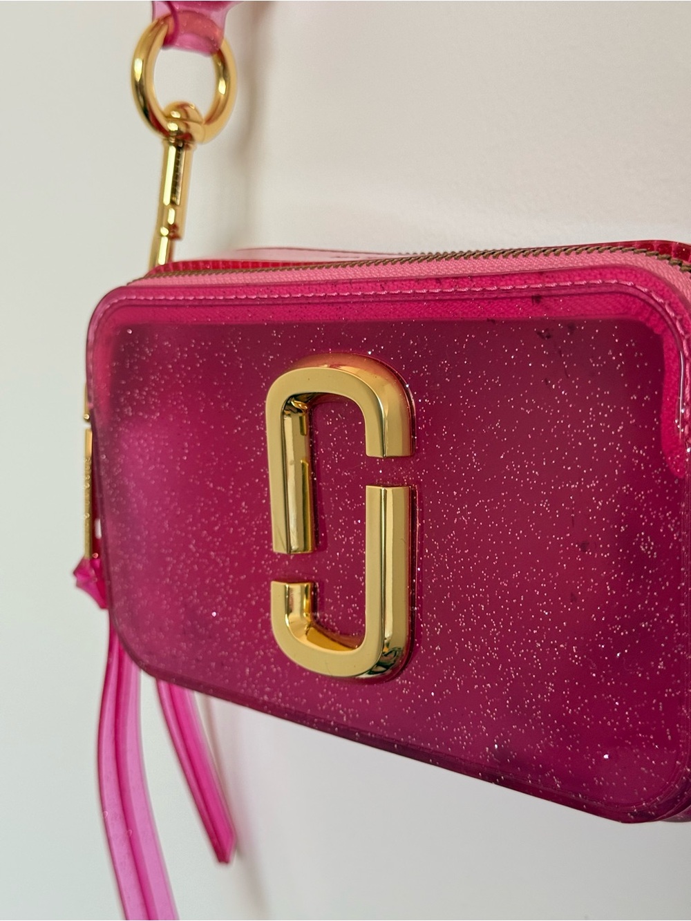 Marc Jacobs Hot Pink Glitter Snapshot Camera Crossbody with Gold Hardware